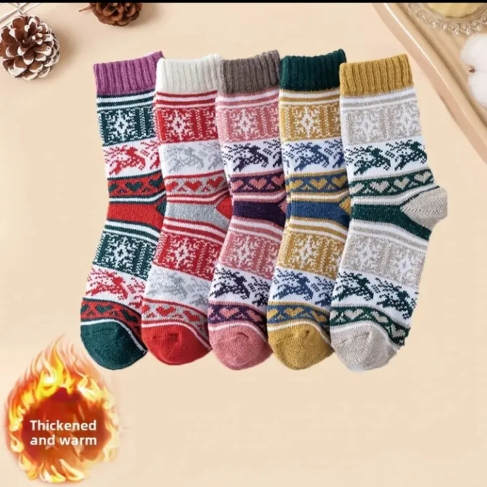 5 Pair Colorful Nordic Fair Isle Reindeer Thickened Wool Blend Warm Socks